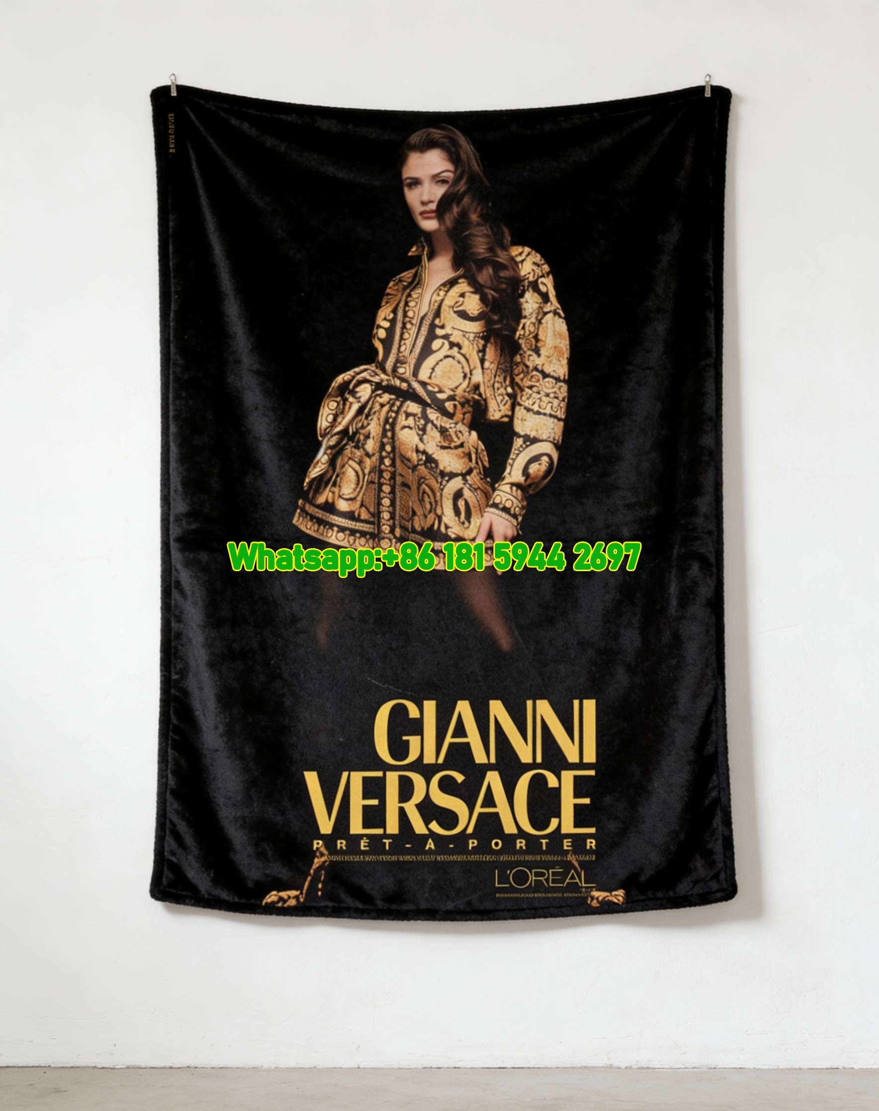 Versace Black and Gold Vintage Ad Print Flannel Throw Blanket IMG_1524
